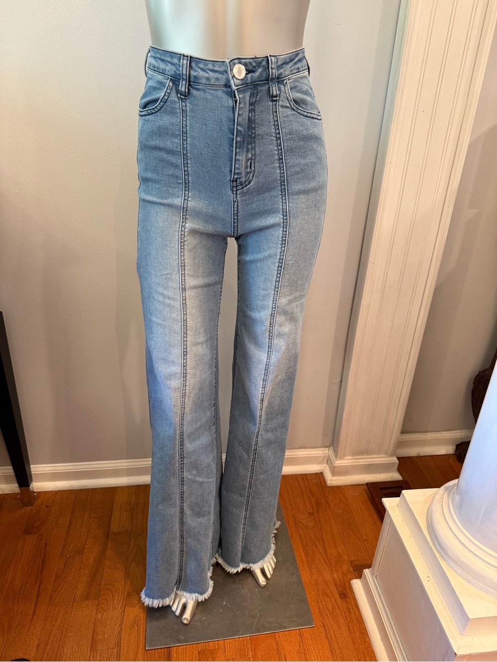 High-Rise Light Blue Flare Jeans with Raw Hem with stretchy waistband , Seam=33”